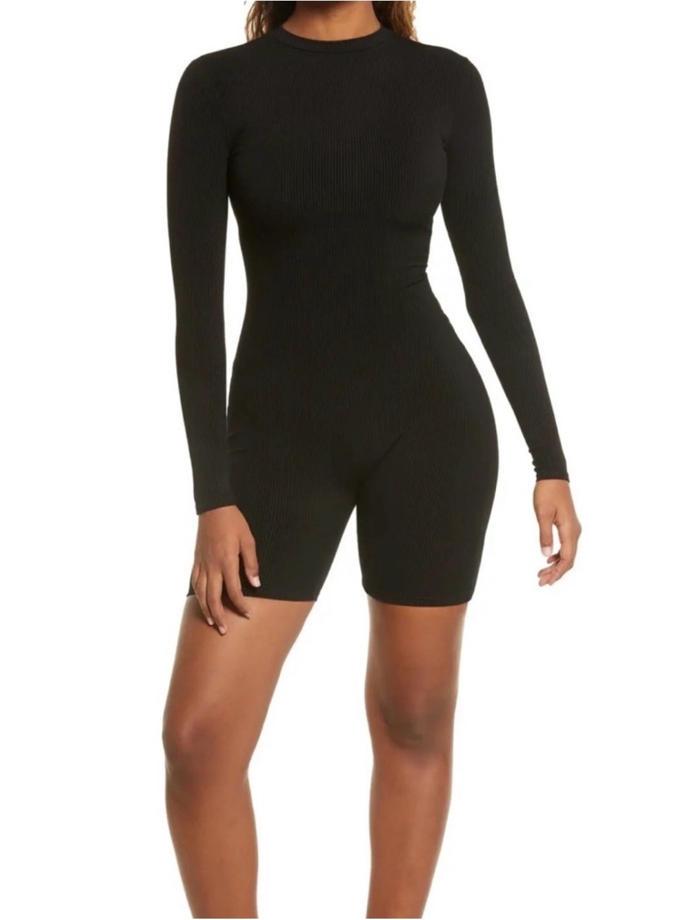 naked wardrobe Black Ribbed Long-Sleeve Bodysuit Romper
